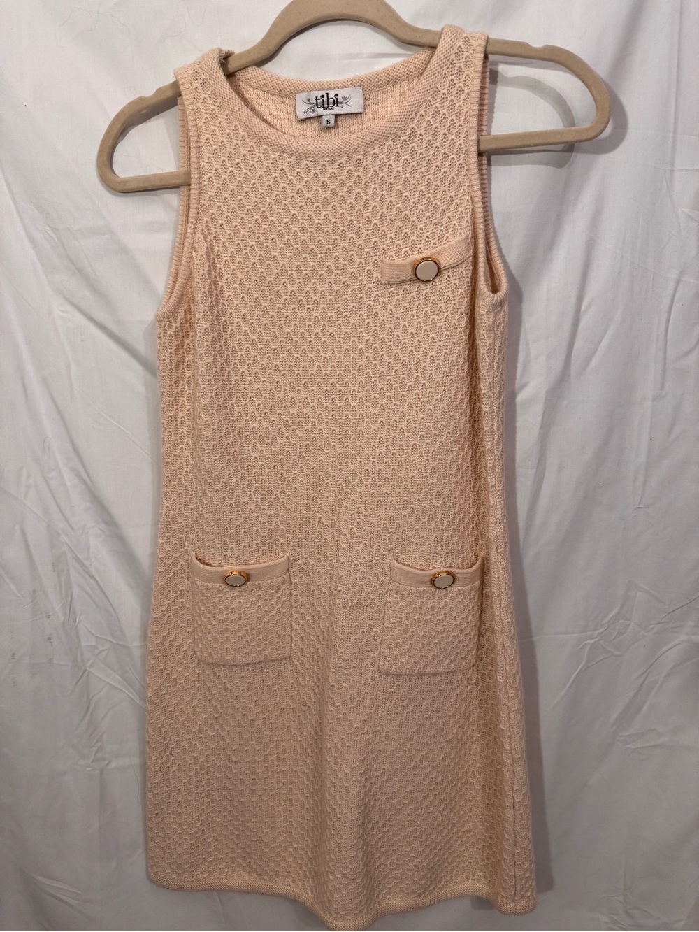 Tibi Ivory Wool Cashmere Knit Sleeveless Shift Mini Dress Button Pockets S